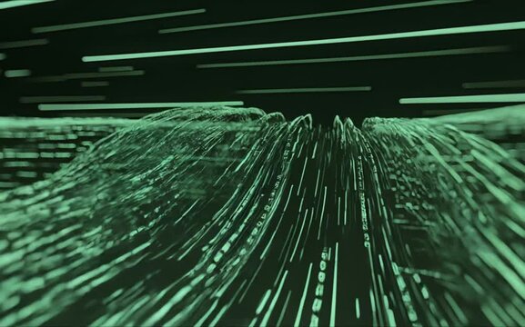 High-tech data flow visualization with cascading lines of code forming a vortex, luminous particles and digits moving through a dark digital space, neon green tones with subtle gold accents
