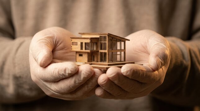 Hands holding miniature modern house representing property investment