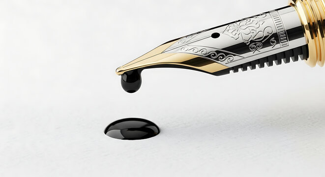 Black ink drop falling from a gold fountain pen nib