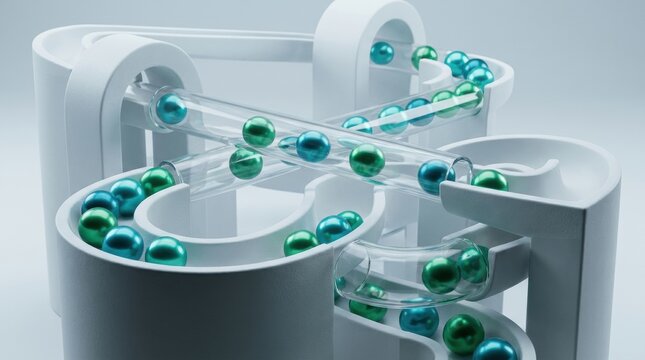 Workflow pipeline with data spheres moving through clear tubes