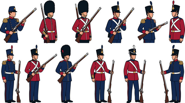 Historical European Infantry and Royal Guards Character Vector Illustration Set Featuring Soldiers in Uniform with Rifles, Muskets, and Bearskin Hats