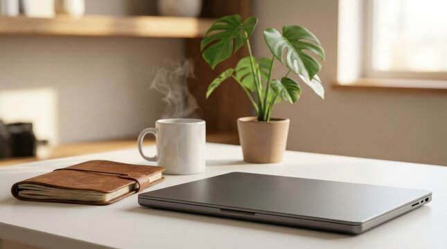 Cozy home office desk with closed laptop coffee notebook and plant