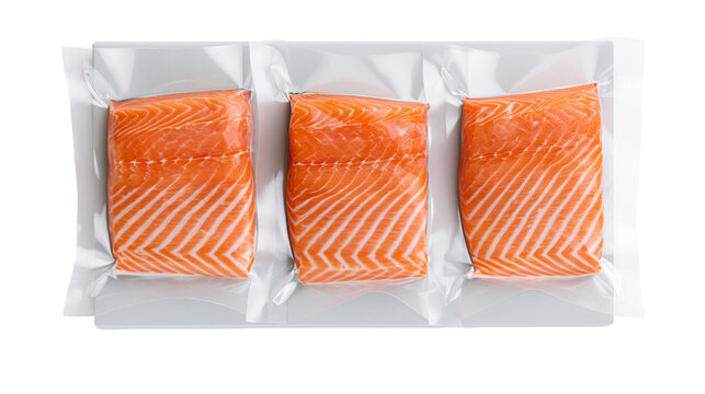 Three vacuum-sealed salmon fillets with white fat lines