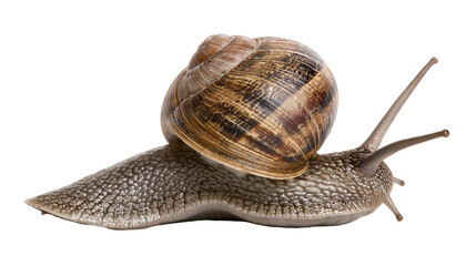 Garden snail with brown spiral shell crawling on white © Ari