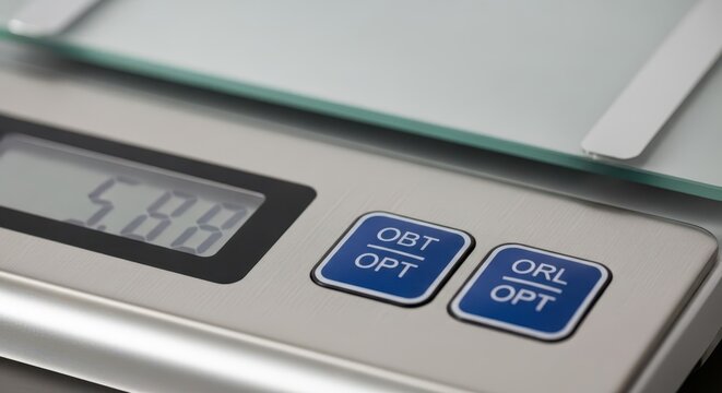 Close-up of a digital kitchen scale's control panel with illuminated display and blue buttons