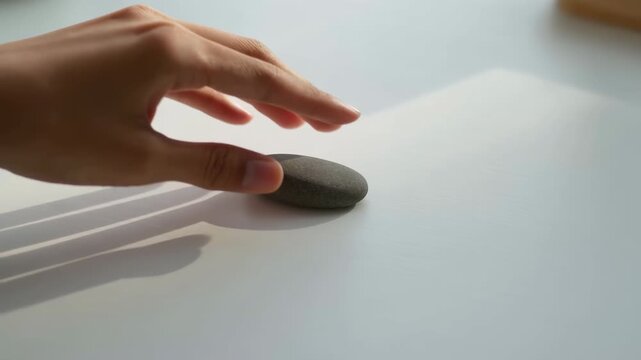 Hand gently placing smooth dark pebble onto pale tabletop in minimalist close view with soft natural light, calm tactile composition, subtle shadow, and quiet wellness mood