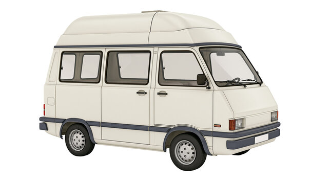 Cream colored camper van with dark trim and tinted windows