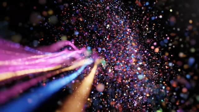 Colorful Blurred Light Streaks with Sparkling Dust Abstract Background - A dynamic abstract background featuring blurred colorful light streaks moving through a dense cloud of sparkling dust.