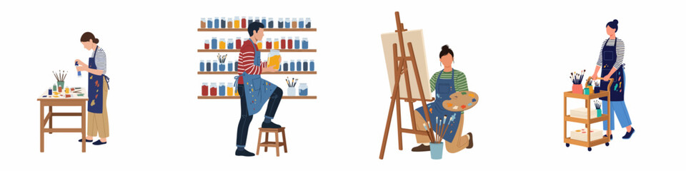 Fototapeta premium Set of flat vector illustrations depicting diverse artists working in their studio, painting on canvas, and organizing their art supplies and workshop.