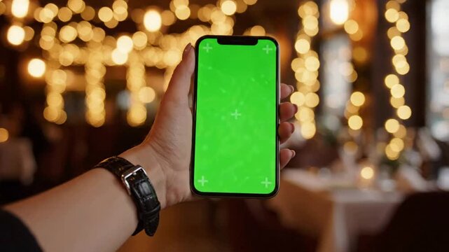 Hand holding smartphone with green screen chroma key display in cozy restaurant with bokeh lights background, for app presentation