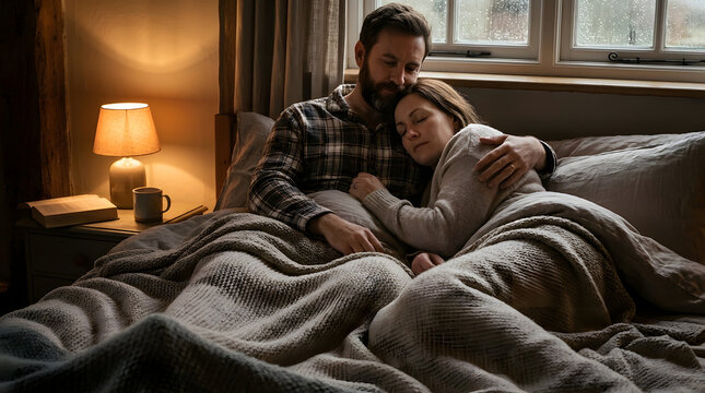 Young couple resting together in a cozy bedroom with warm lighting