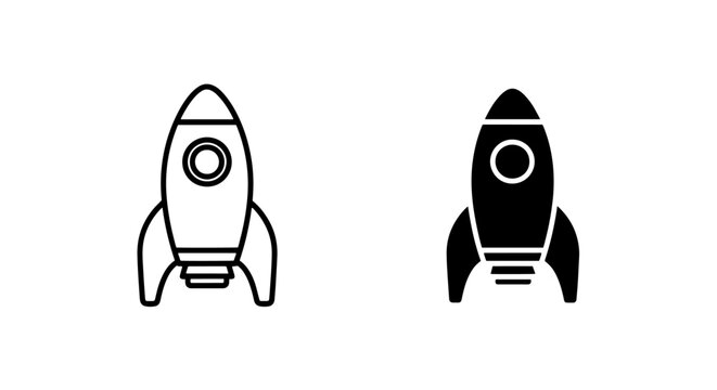 Minimalist rocket ship outline and solid icon set for space design