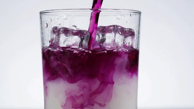 Purple berry syrup pouring into milk with ice cubes, refreshing cold drink preparation, slow motion macro close-up of liquid mixing