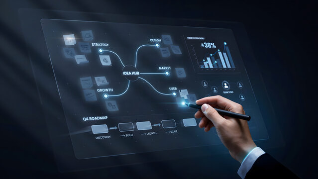 Business professional using a digital interface with data flow diagrams