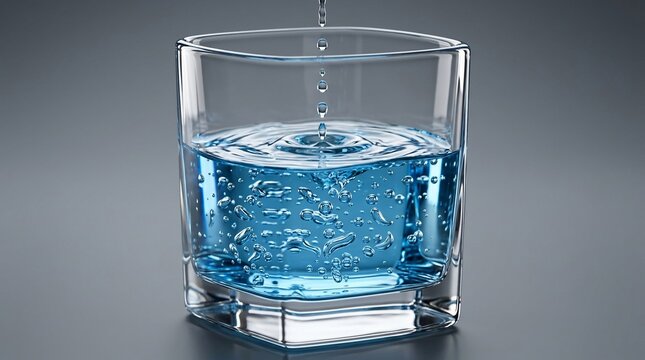 Water drop falling into a glass of blue water