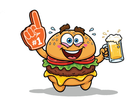 Cartoon burger mascot holding beer glass and number one foam finger fan illustration