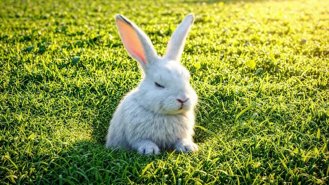 Cute white rabbit emerging from burrow in lush green grass at sunset, adorable bunny animal nature scene for easter and wildlife projects