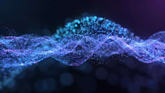 Abstract Blue Purple Particle Waves Background - A shimmering wave of countless tiny blue and purple particles flows and undulates across a dark, out-of-focus background.