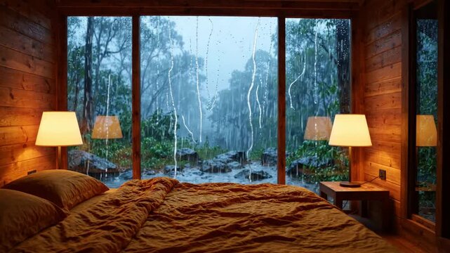 Cozy bedroom with rain falling on window overlooking tropical forest, relaxing cabin interior atmosphere for meditation and sleep background