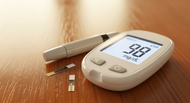 Close-up of a modern glucose meter and test strips on a wooden table for diabetes blood sugar monitoring