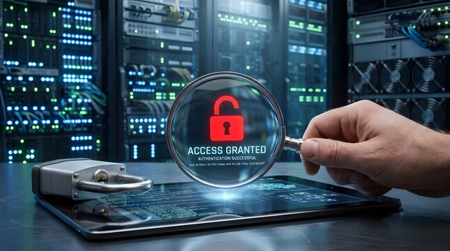 Data Security Access Granted Concept with Magnifying Glass and Server Room