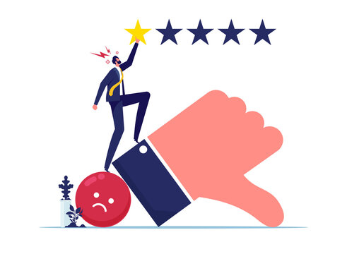 Negative feedback concept, bad review or one star customer feedback, bad user experience or poor quality, low rating result or disappointment, unhappy people with thumbs down giving bad review stars