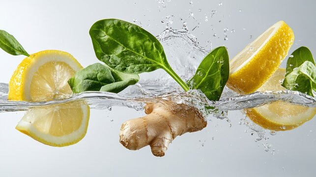 Fresh ingredients, including lemon slices, spinach leaves, and ginger root, are captured mid-splash in clear water, creating a refreshing and vibrant composition