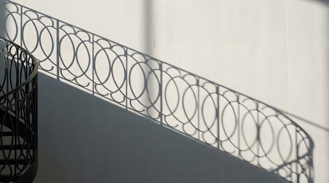Minimalist wrought iron staircase railing, elegant metal handrail with circular geometric patterns, architectural shadow play on white wall