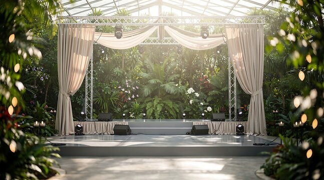 Elegant Outdoor Stage Setup Surrounded by Lush Greenery and Soft Lighting.