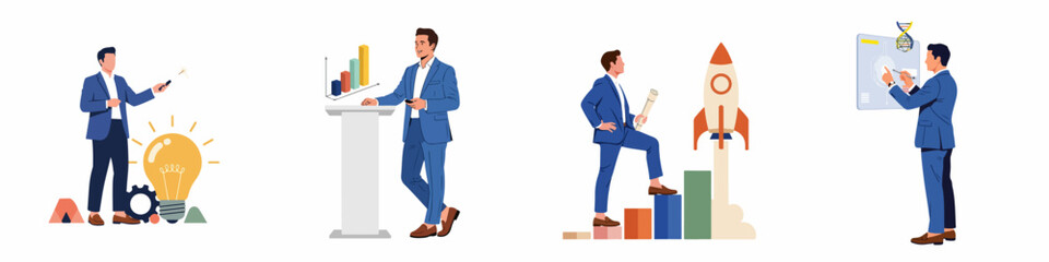 Obraz premium Set of businessman illustrations representing innovation, data analysis, career growth, and strategic planning for corporate success and startup development.