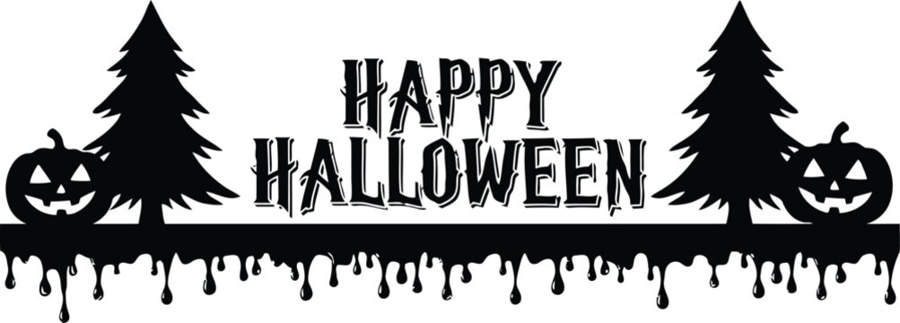 Black silhouette happy halloween text with pumpkins and pine trees