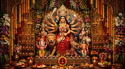 Fototapeta premium Durga Puja idol inside ornate festive pandal