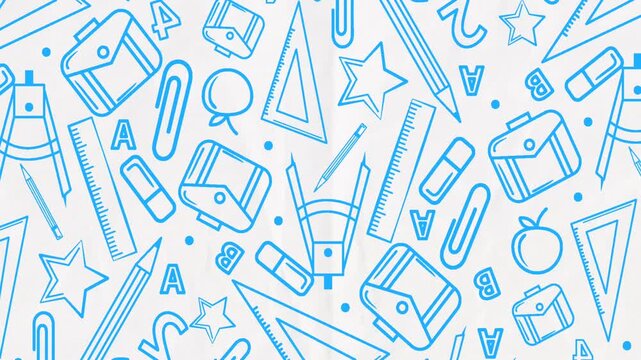 Back to School Seamless Pattern Background with Hand Drawn Blue Line Art School Supplies.