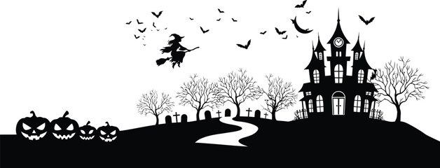 Obraz premium Halloween scene with witch flying over haunted castle and pumpkins