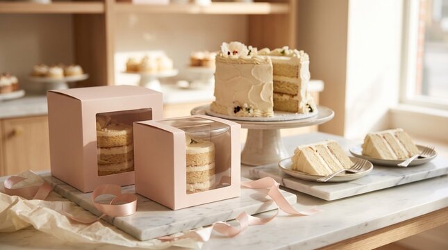 Luxury boxed cake display, small layered desserts in blank clear boxes with pedestal cake, marble trays and satin ribbon