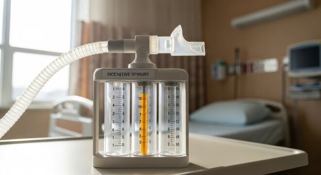 Close-up of an incentive spirometer in a hospital room with a patient bed in the background, medical equipment, healthcare