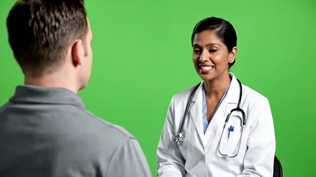 Professional Indian Doctor Communicates with Patient During Medical Consultation on Green Screen