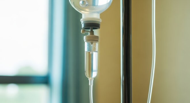 Close-up of an intravenous drip bag and IV set in a hospital room, symbolizing medical care and treatment