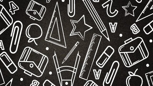 Seamless Back to School Chalkboard Background with Hand Drawn Education Icons.