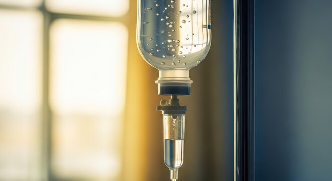 Close-up of an intravenous drip bag and tubing in a medical setting, with soft window light