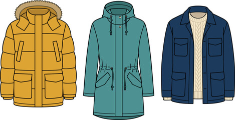 Winter Outerwear Jacket Vector Set Featuring Hooded Down Puffer, Waterproof Rain Parka, and Warm Utility Coat Technical Fashion Sketches © MdMostafijur