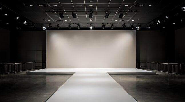 Empty fashion runway stage with spotlights and large screen backdrop.