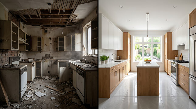 Contrasting Kitchen Renovation Showing Before and After Transformation with Modern and Dilapidated Styles