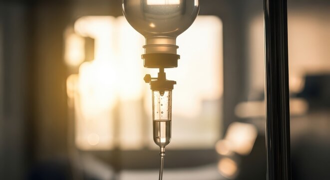 Close-up of an IV drip bag and tubing in a hospital room with soft, warm lighting, conveying care and medical treatment.