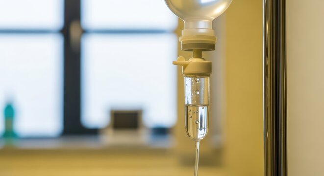 Close-up of an IV drip bag with clear liquid dripping, medical equipment in a healthcare setting