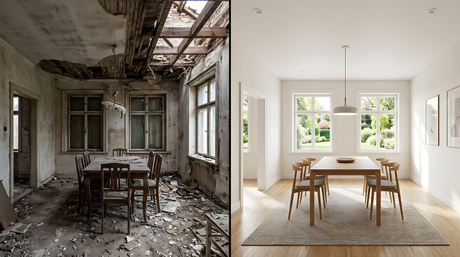 Contrasting Interiors of Abandoned Decay and Modern Minimalist Design in Residential Spaces