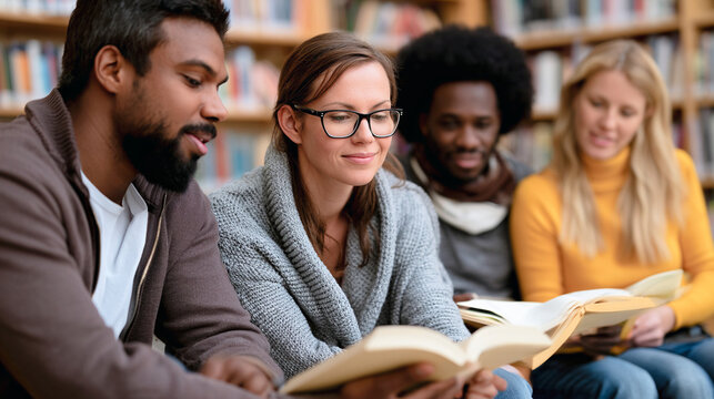 Grupo diverso de adultos leyendo libros juntos en una biblioteca