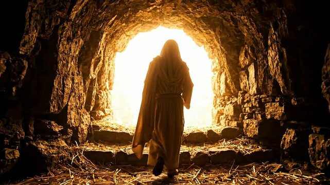 Biblical figure walking toward bright light in ancient stone cave, symbolic resurrection or spiritual awakening cinematic scene