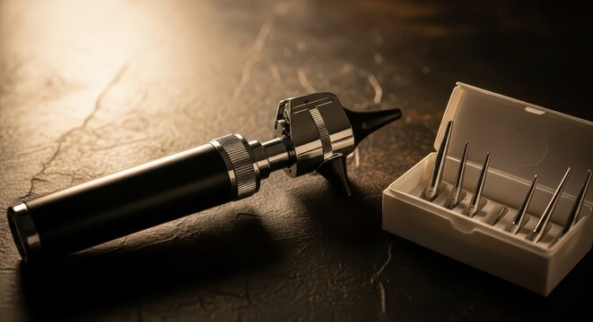 Close-up of an otoscope and ear speculum tips on a dark, textured surface with dramatic lighting, medical equipment for ear examination