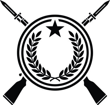 Minimalist military emblem featuring crossed rifles with bayonets inside a circular laurel wreath frame with a single star on dark background